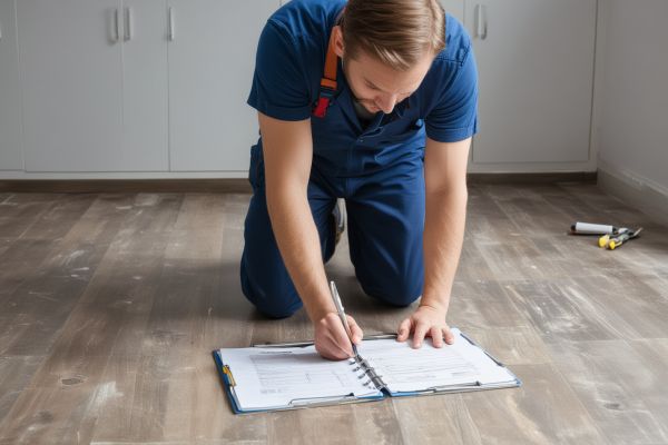 Floor technician examining tile and grout condition