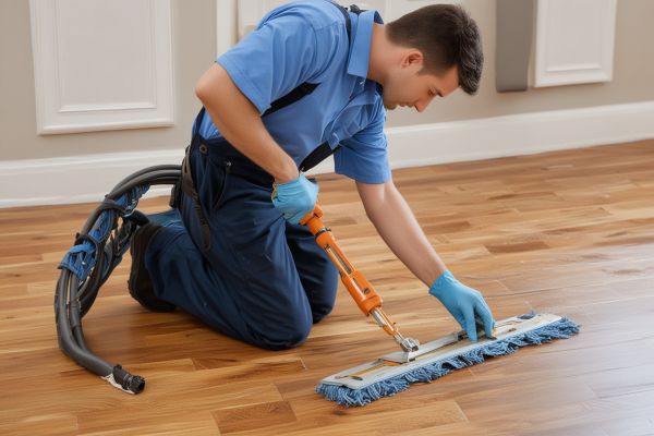 Professional floor technician working on hardwood floor cleaning