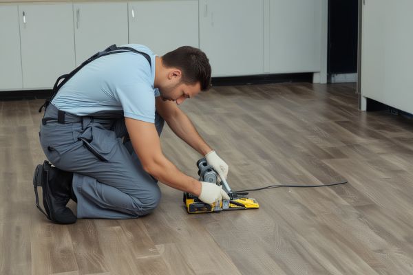 Professional floor technician examining floor condition
